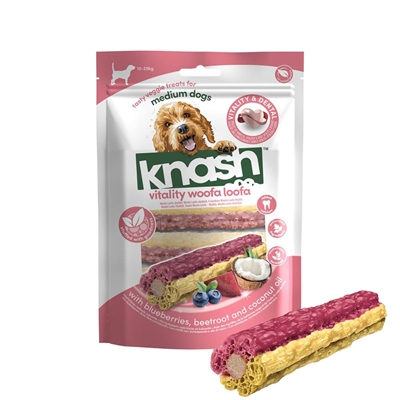Knash Woofa Loofa Dentalstick m. Blåbär & Rödbeta för mellanstora hundar 7 st